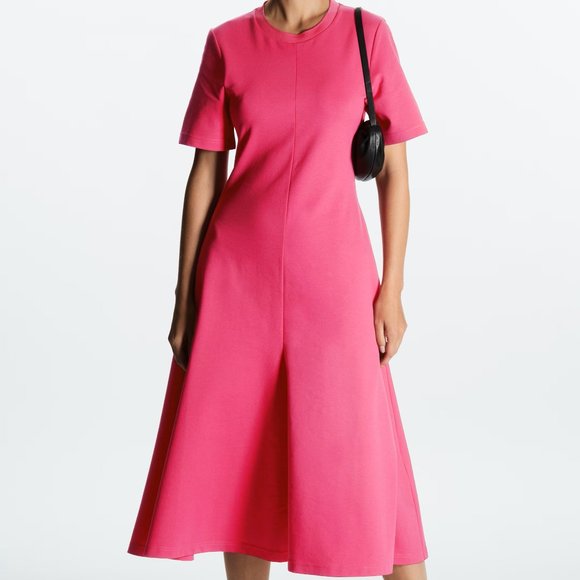 COS SHORT-SLEEVED JERSEY A-LINE MIDI DRESS - PINK - US XS - EU 32/34 - Picture 1 of 9